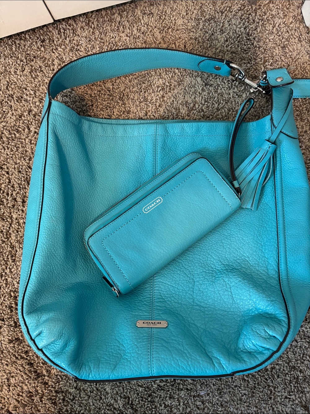 Coach Turquoise Leather Shoulder Hobo with Matching Zip Wallet